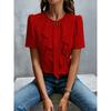 Dámská bílá halenka s volánkovým lemem, krátkým rukávem, kulatým výstřihem, elegantní, do práce, do kanceláře, ležérní top s knoflíkovým detailem