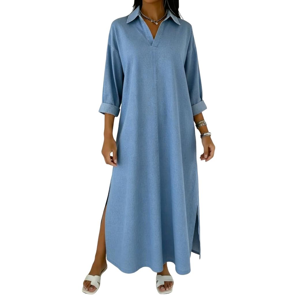 Women's -color Mid-length Loose-fitting Dress With Large Pockets And Casual