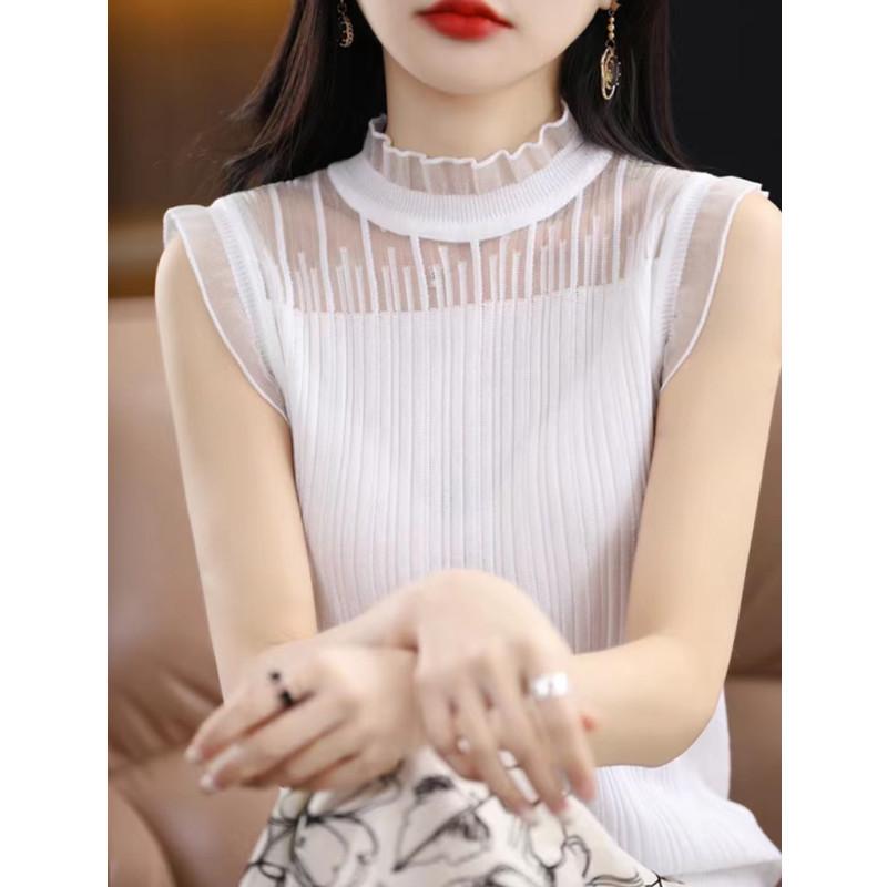 Black Lace Sleeveless Knit Top with Half-High Collar - Summer Casual Slim Fit Ice Silk with Hollow Design One Size чёрный