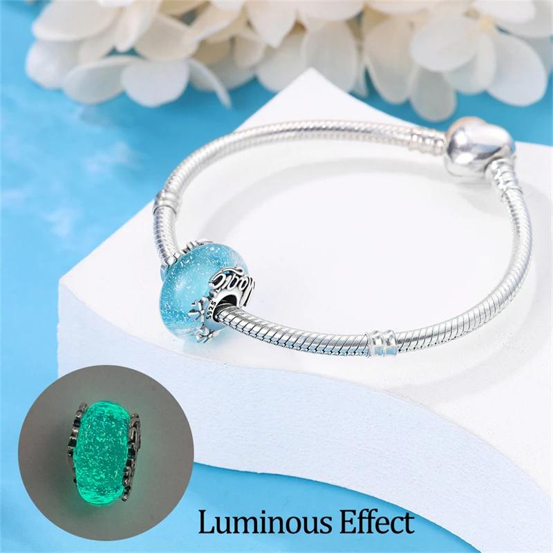 925 Sterling Silver Blue Ocean Flower Feather Luminous Glass Charms Fashion Beads Fit Brand 3mm Original Bracelets DIY Jewelry