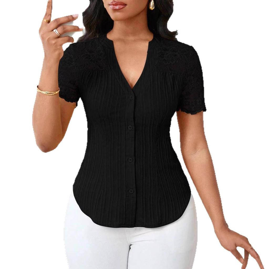Women's Summer V-neck Embroidered Hollow Short-sleeve Shirt