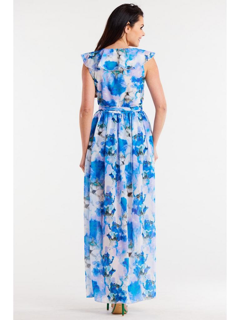 V-Neck Chiffon Maxi Dress with Blue Floral Pattern S