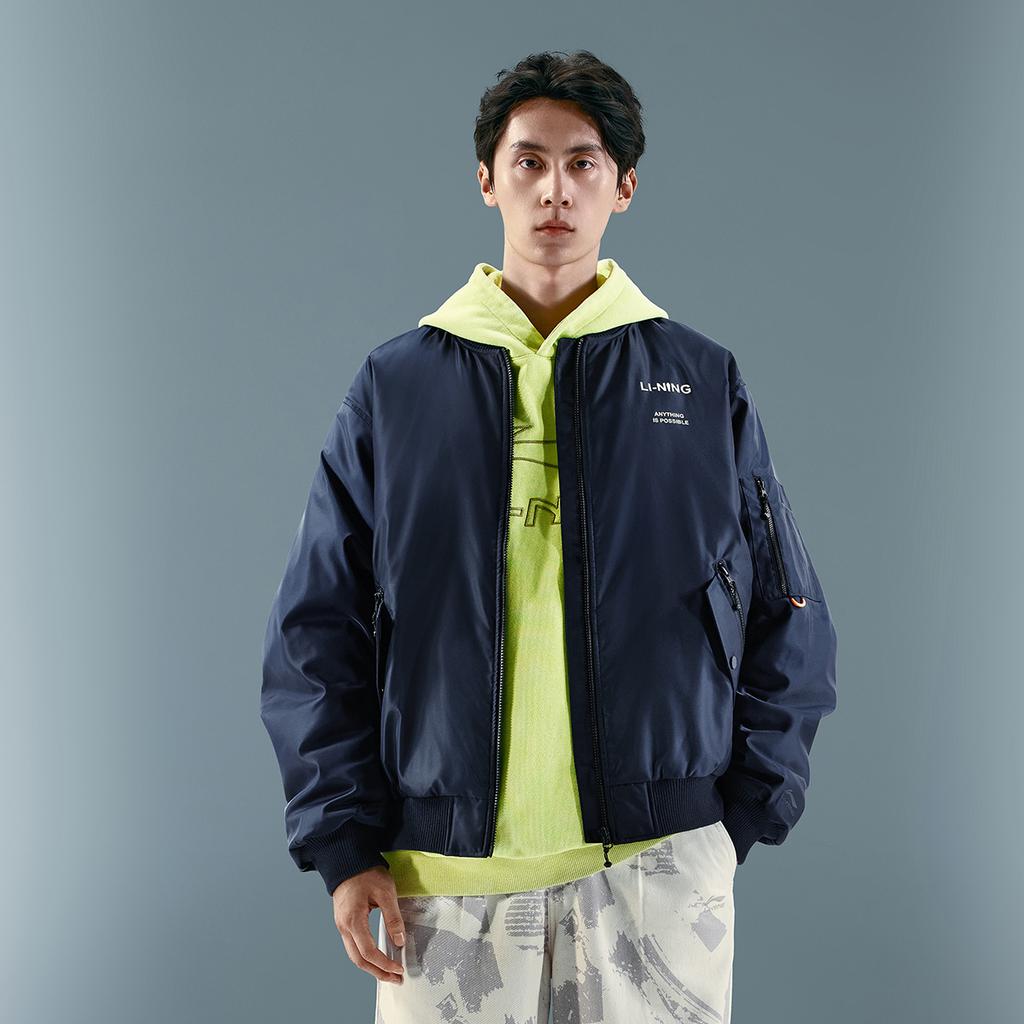 Li Ning Sports Fashion Series Eastern Show Style Letter Baseball Collar Zipper Winter Casual Versatile Short Cotton Jacket Men Jacket AJMU185-2