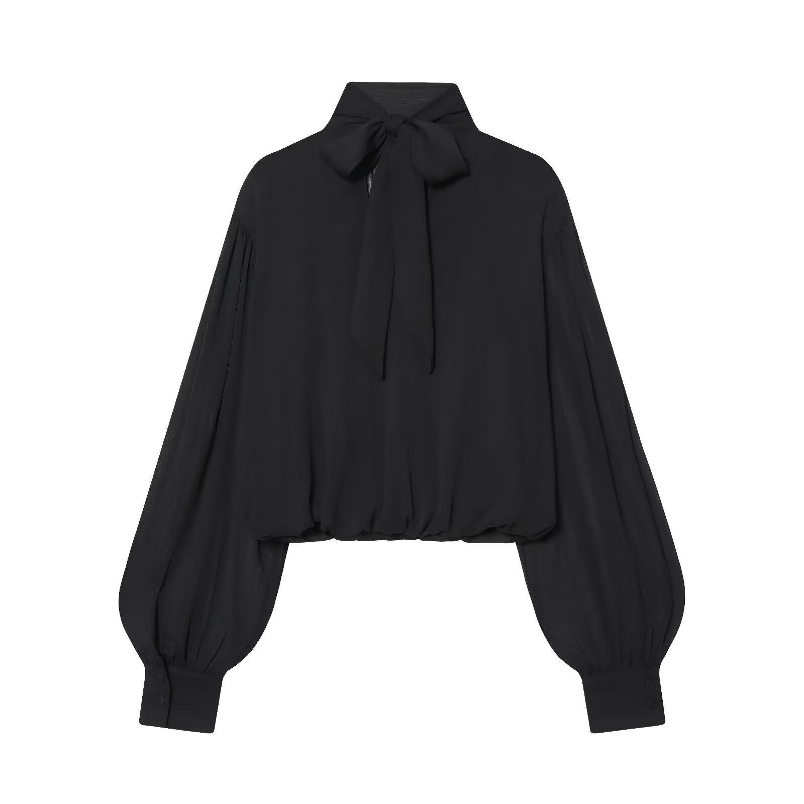 2025 European Autumn Women s Black Pleated Long Sleeve Semi-Transparent Balloon Shirt S