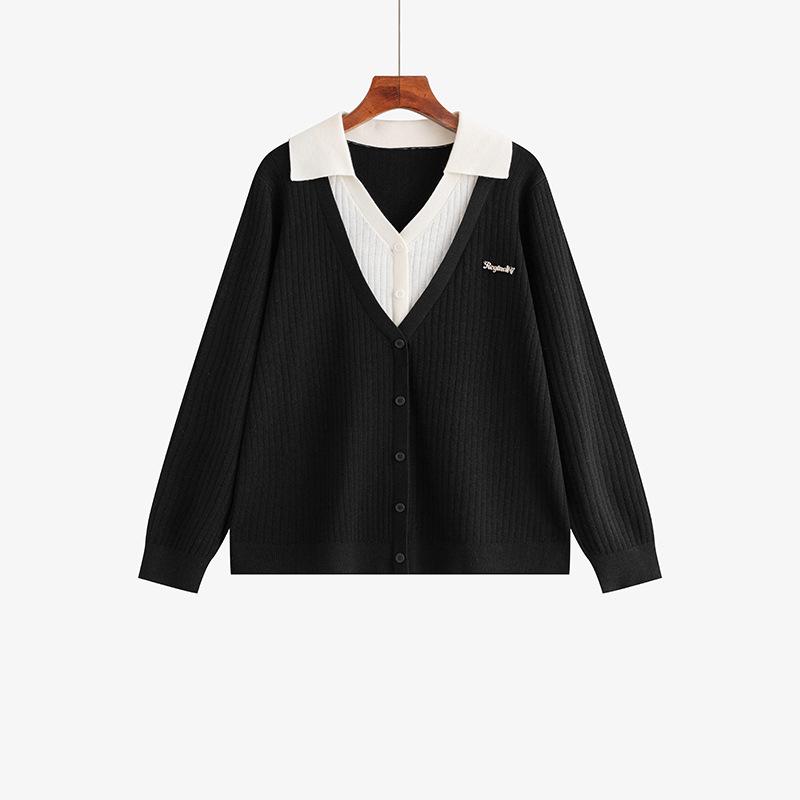 

Plus Size Women s Color Block Polo Collar Knit Top - Spring 2026 Loose Casual Two-Piece Look XL (120-150 jin)