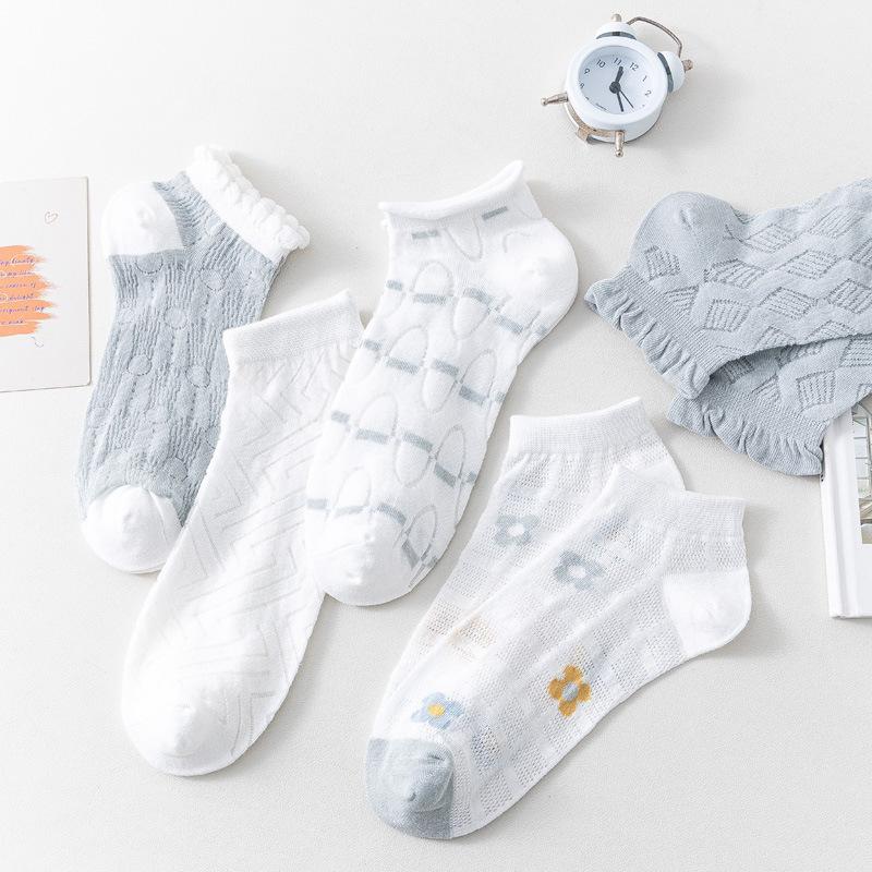 5/10 Pairs Comfortable Casual Spring Summer Socks for Women Mesh Lace Up Glass Silk Boat Socks Low Top Open Toe Breathable Short Socks