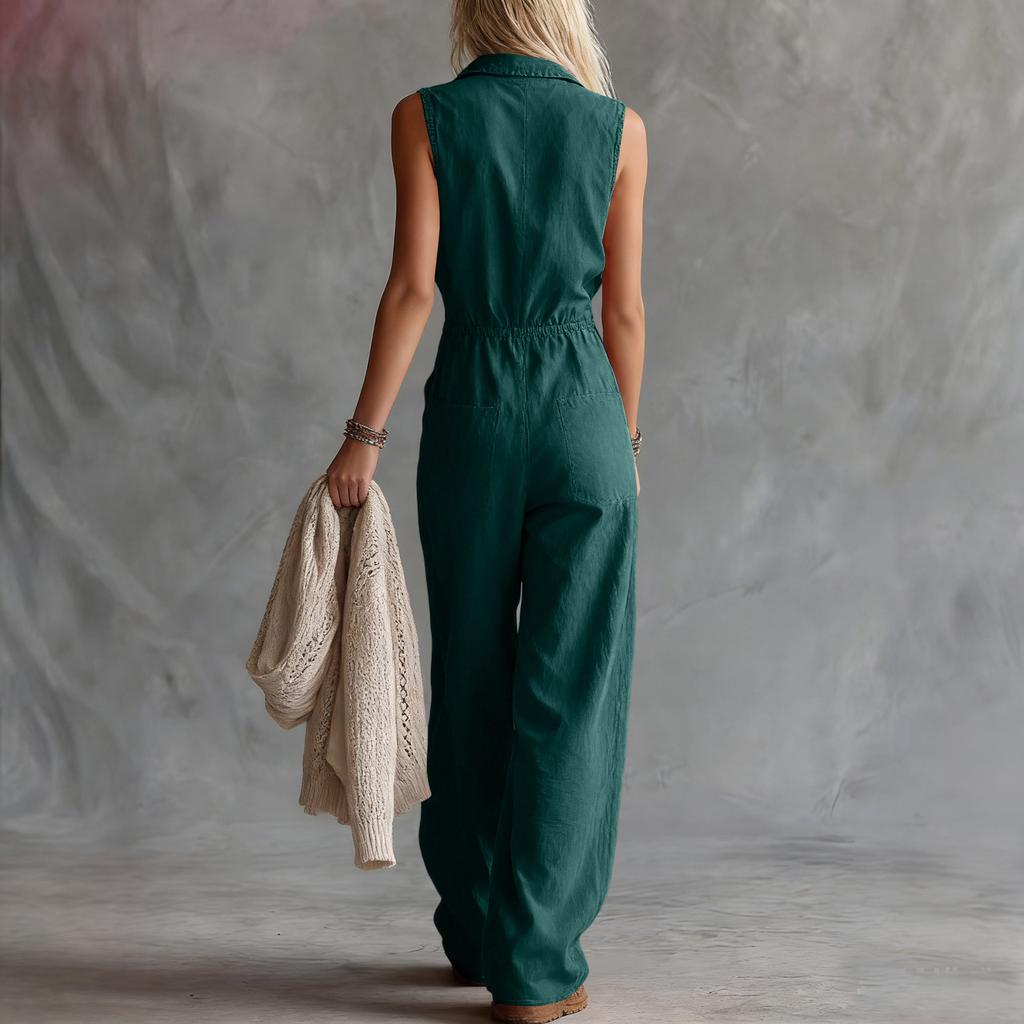 Women's  V-neck Waist Cinched Fashionable Jumpsuit Wide Leg Pants