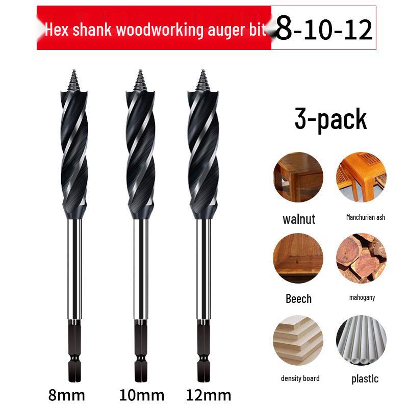 Ruiqi Hex Shank Four-Edge Wood Drill Bit for Door Lock and Drawer Hole Cutting