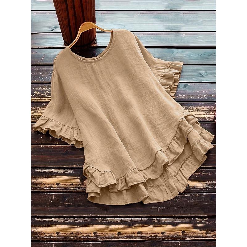 Women's Cotton and Linen Solid Color Shirt Loose Ruffled Cuffs Short-sleeved Button Top