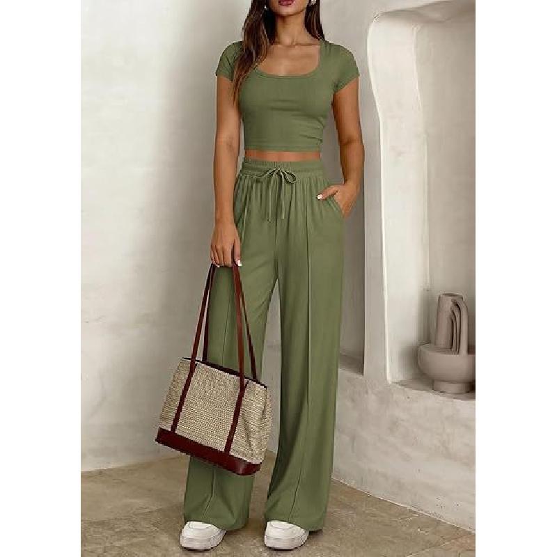 2026 Spring/Summer New Women's Casual Slim-Fit Two-Piece Set with Short Sleeves and Long Pants for Commuting