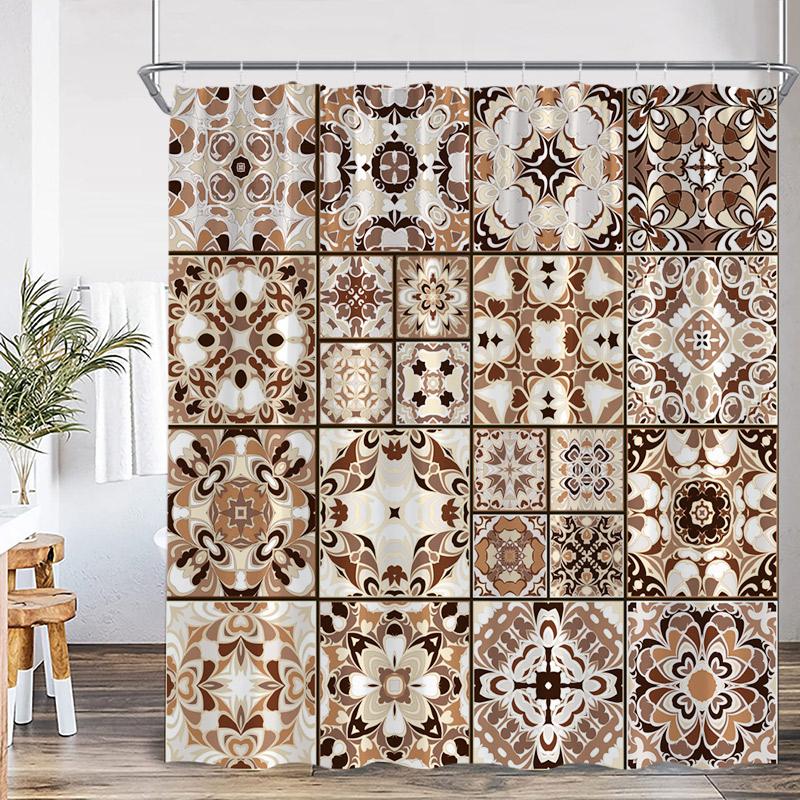 Blue Boho Floral Shower Curtains Mandala Indian Ethnic Style Pattern Bath Curtain Set Modern Polyester Bathroom Decor with Hooks