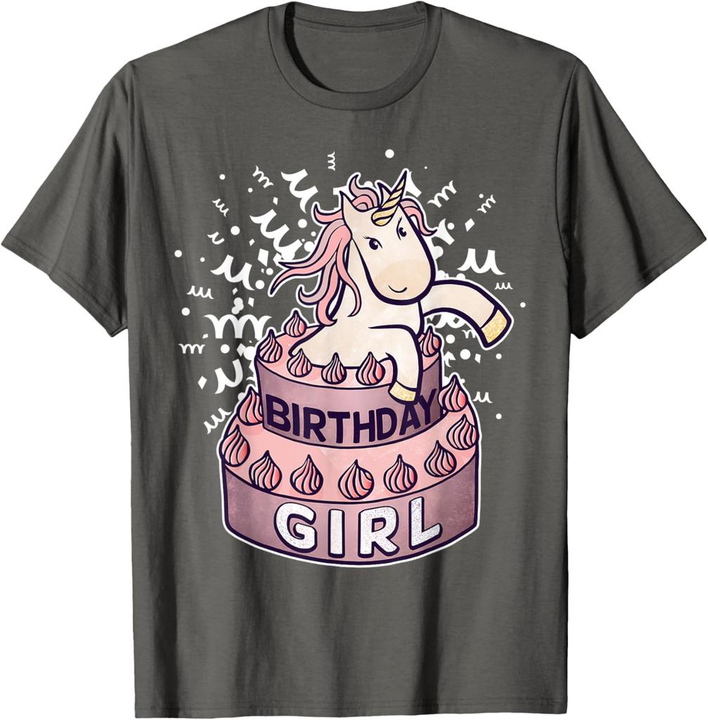 Unicorn Birthday Girl Cake Graphic TShirt Soft Cotton Casual Round Neck Tee