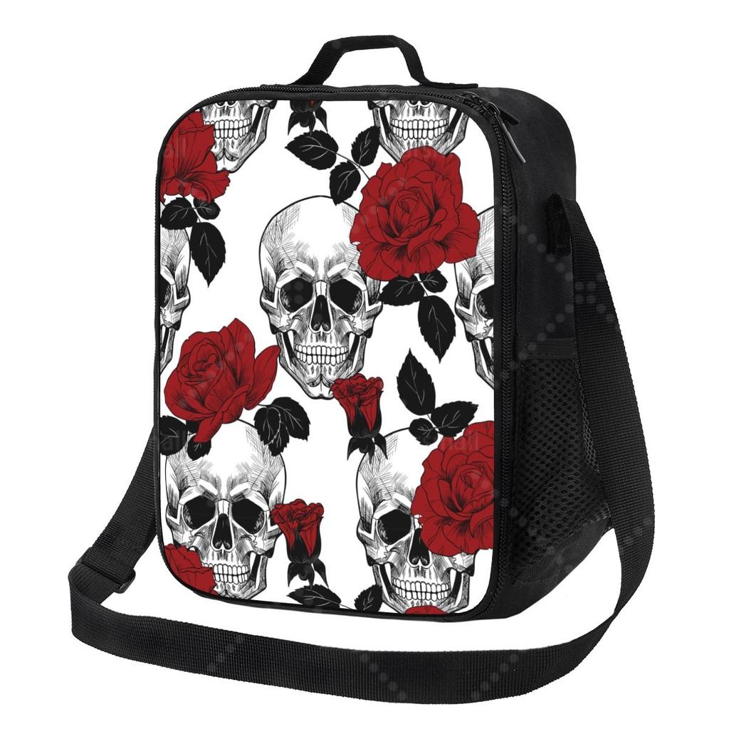 Skull Flower Lunch Bag with Adjustable Shoulder Strap Reusable Thermal Bento Tote for Work Picnic Beach
