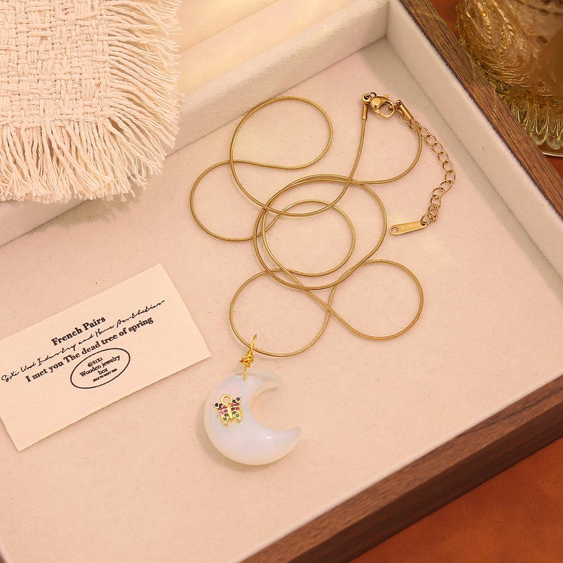 European and American style unique natural stone crescent pendant necklace, elegant stainless steel sweater chain jewelry