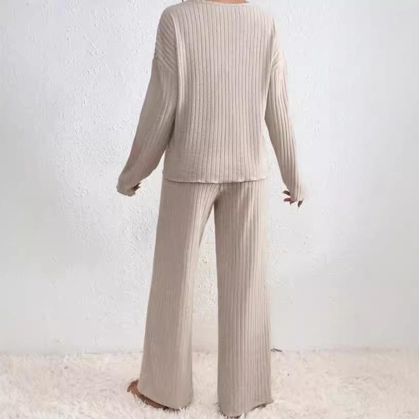 2025 Autumn/Winter Hot Selling Ribbed V-Neck Long Sleeve Brushed Casual Set for Women