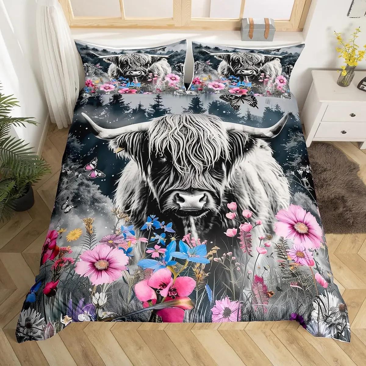 

Highland Cow Duvet Cover King Sunflower Farm Animal Bedding Set Cute Highland Cattle Floral Quilt Cover Rustic Farmhosue Decor EU Single(135x200cm)