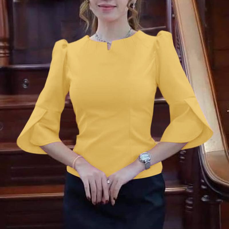 

ZANZEA Women Casual V Neck Solid Color Flare 3/4 Sleeve Blouse S жовтий