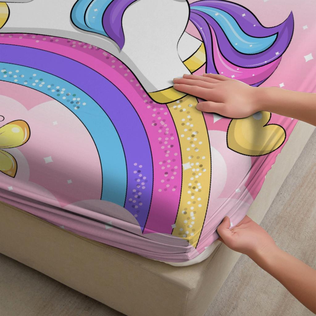 1PC Cute Unicorn Bed Sheet Rainbow Soft Digital Print Fitted Sheet Without Pillowcase Halloween Decor Gift For Kids Bed Linen
