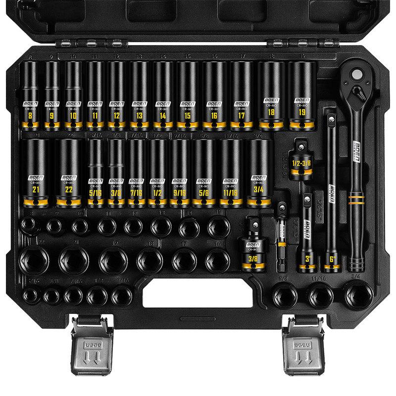 boen 3/8   Drive Impact Socket Set, 50PCS Standard SAE (5/16 to 3/4 inch) and Metric (8mm-22mm), Deep & Shallow Size, 6-Point wi