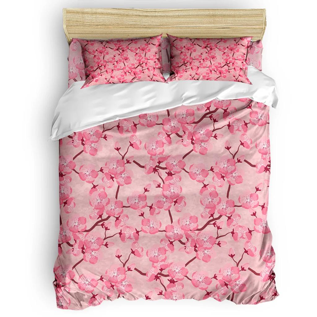Set husă de plapumă roz pal, Ramură de Sakura cu flori de cireș Primăvară japoneză delicată, Set de lenjerie de pat decorativ din 3 piese, Mărime king