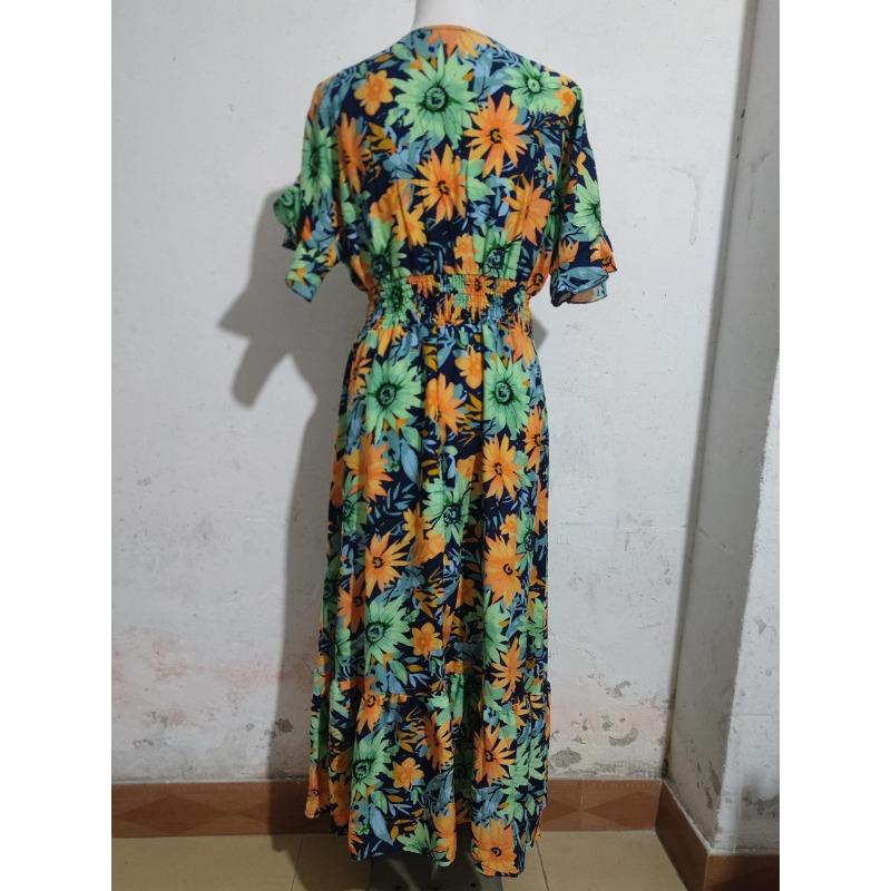 Women's Bohemian Vacation Style Printed Deep V Short-sleeved Dress Cinched Waist Beach Dress