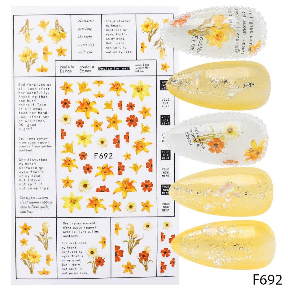 1pc 3D Nail Stickers Spring Summer Natural Flower Leaves Simulation Dried Flower Dragonfly Nail Applique Water Slides Decoration