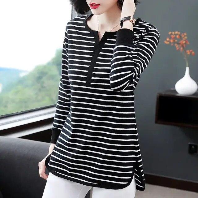 Autumn Winter New Striped T-shirt Women's Korean Loose Mid Length Long Sleeve Top Fashion Round Collar Bottoming Shirt M-5XL