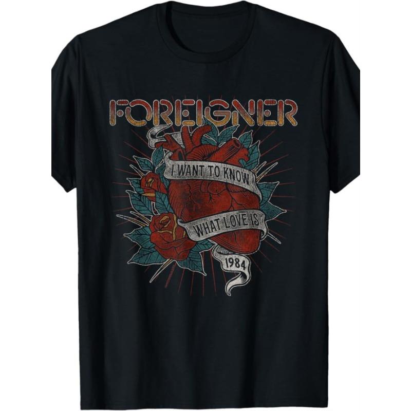 EX Foreigner Vintage 1984 Band Pattern TShirt  180g Cotton Unisex Short Sleeve Heart Rose with What LovE Is S