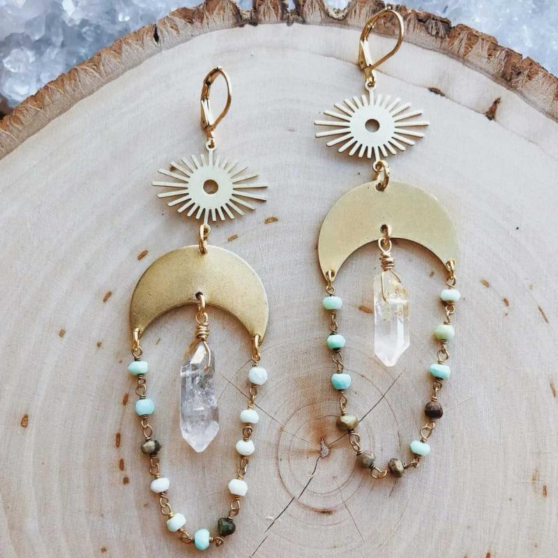 Peruvian Opal & Quartz Sun Moon Evil Eye Earrings