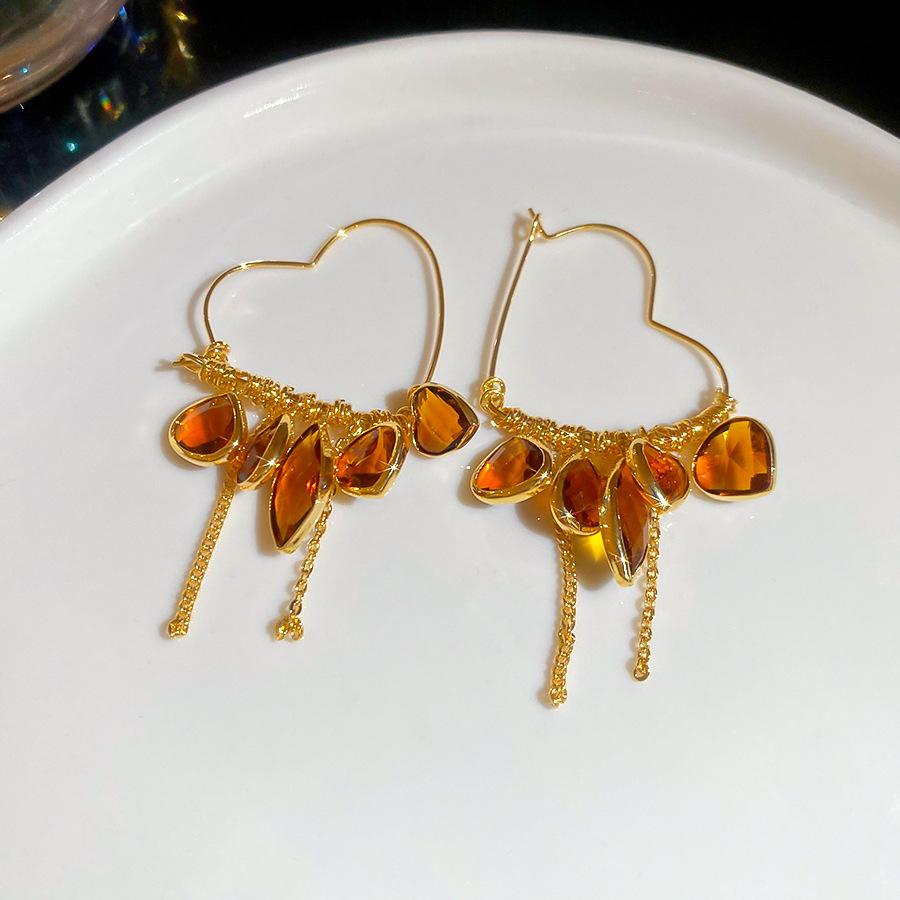 Серьги-кисточки из настоящего золота 18 карат с кристаллами в виде сердец, серьги с ретро-темпераментом, женские серьги