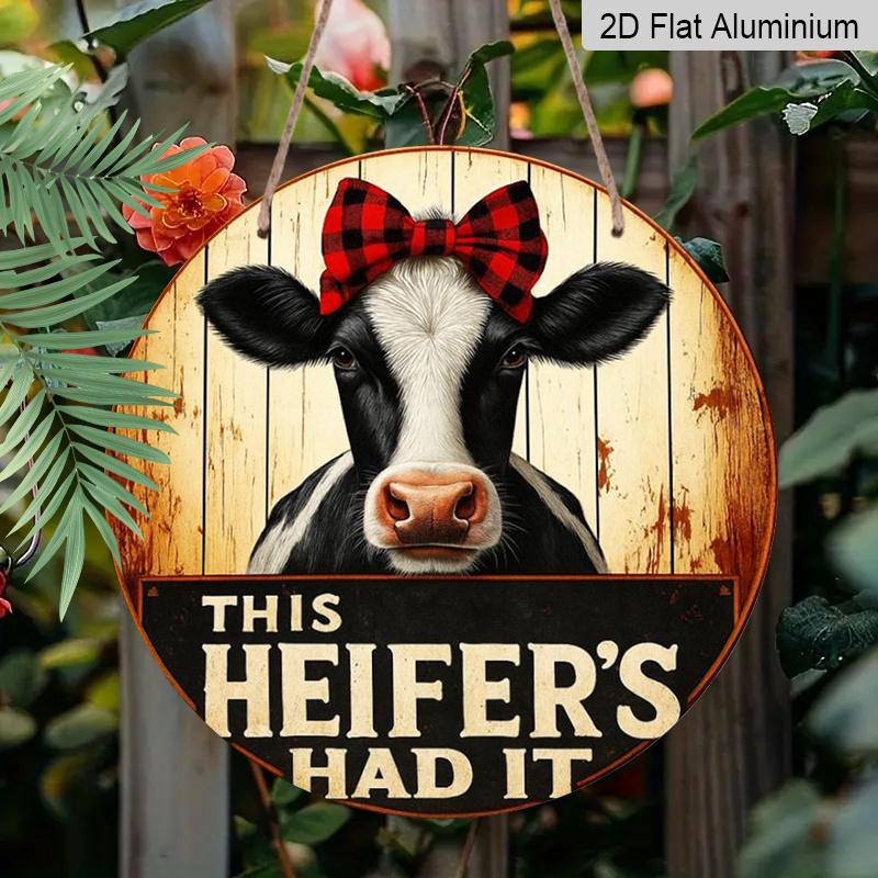 2D Flat 1pc, 8x8 in, Farmhouse Cow-Themed Round Aluminum Metal Wall Sign - Heifer's Troubles Rural Farm Art for Front Door, Porch, Living Room or