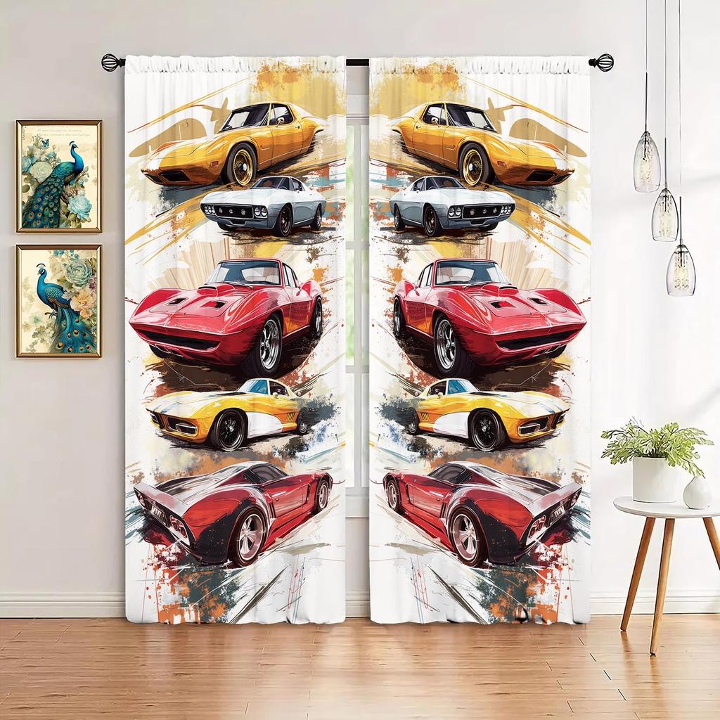 2-Panels Vintage Sports Car Illustration Printed Curtains   Shade and Privacy Protection   Suitable for Decorating Various Rooms