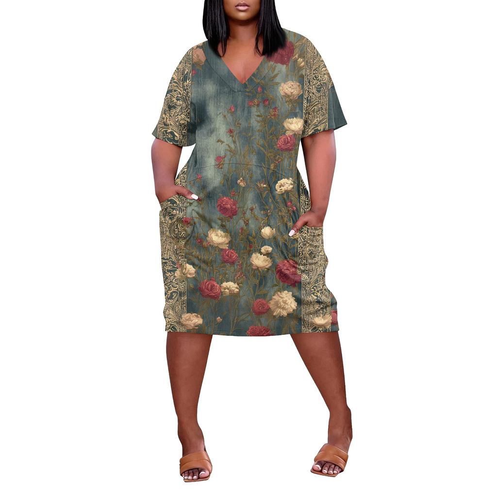 Summer Plus Size V Neck Short Sleeve Knee Pocket Print Casual Dress For Women