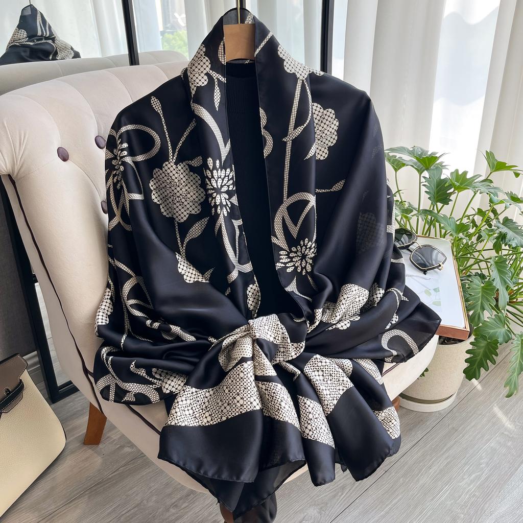 Popular 180X90CM Print Bandannas Europe America Silk Scarves Four Seasons Satin Beach Towel Fashion Flower Long Shawls