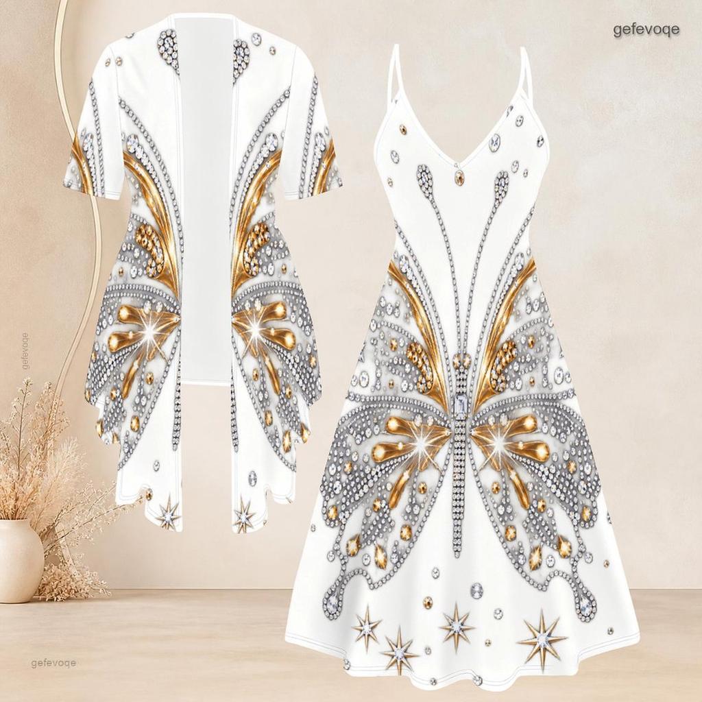 Women Plus Size Two Piece Dress Set Short Sleeve Open Cardigan Strappy V Neck Flared Printed Dress