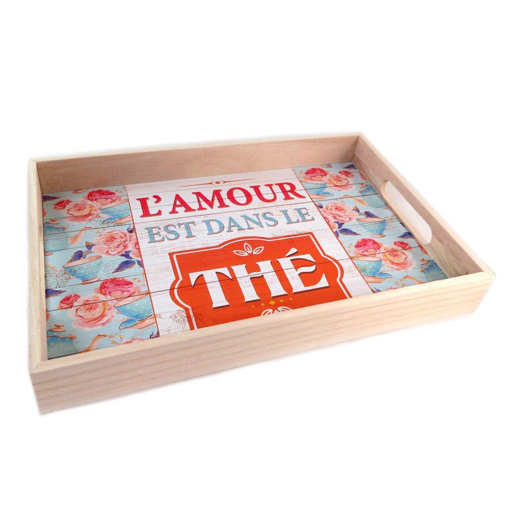 Les Trésors De Lily [Q0682] - Wooden Tray 'Love Is In Tea' Pink Blue Beige - 35x23x4. 5