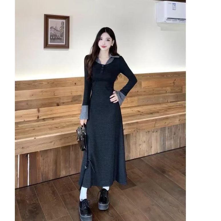 Cute girl's autumn and winter wear French temperament black fake two-piece dress is particularly beautiful and super temperament