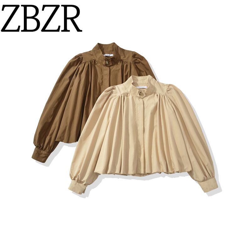 Counter Same Zbzr Autumn New Women clothes Western Style Fashion Stand Collar Lantern Sleeve Pleat Design Sense Top