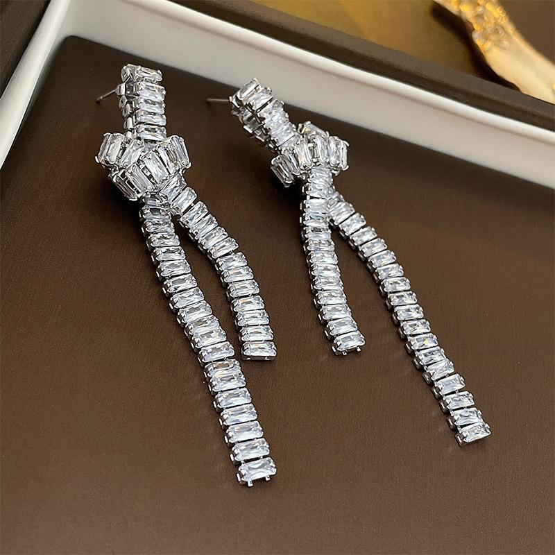 Zircon knotted long tassel silver needle earrings Korean niche elegant light luxury earrings