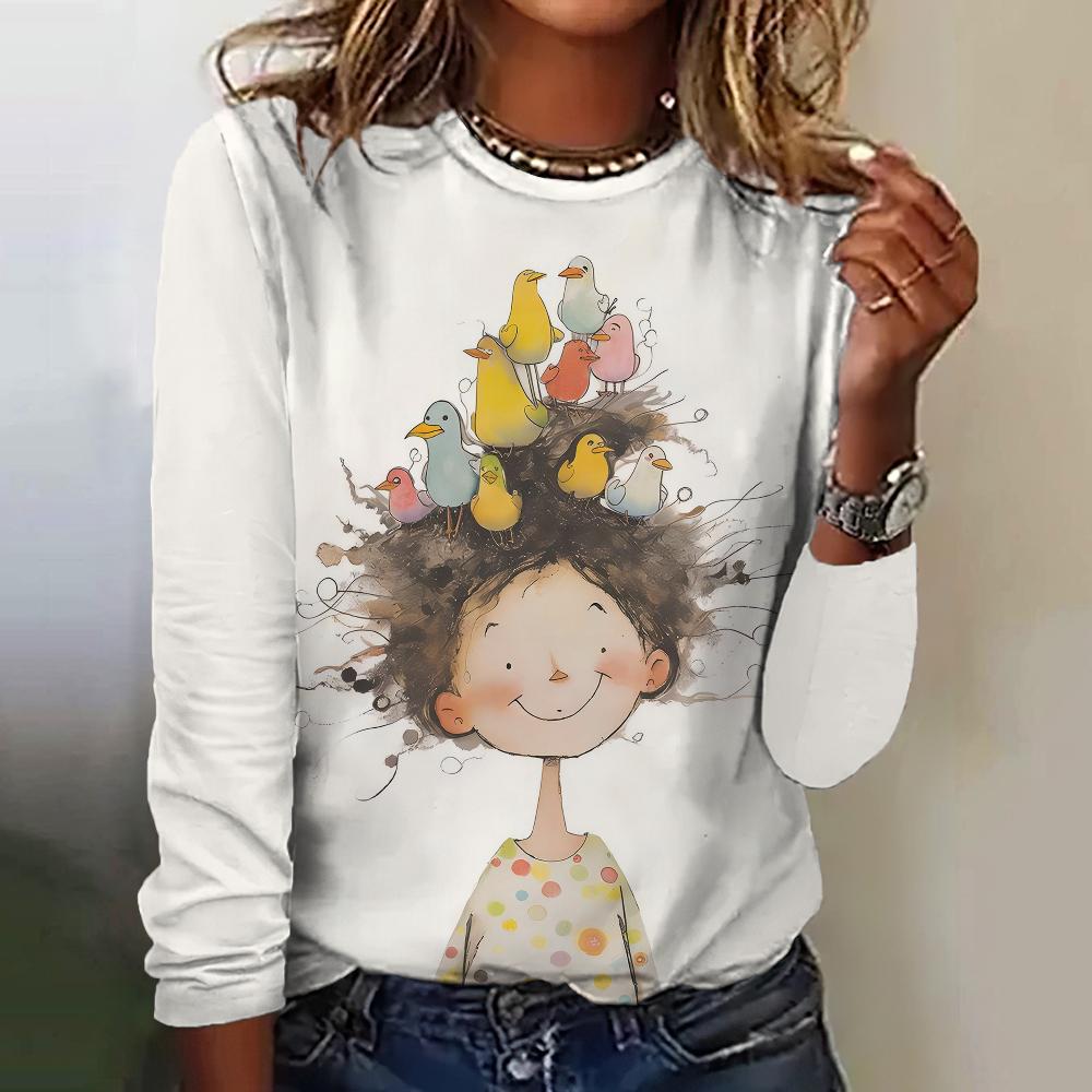 

Cute Girl Print Women s Autumn T-Shirt Imitation Cotton Material Tops Round Neck Long Sleeves Clothing Simplicity Streetwear New 8XL