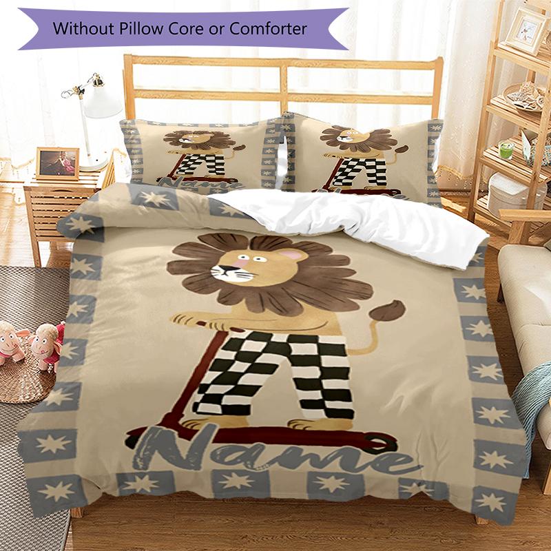 3pcs Custom Name Lion Bedding Set Duvet Cover Closure Includes 1 Duvet Cover & 2 Pillowcases, Soft and Comfortable for All Seasons.