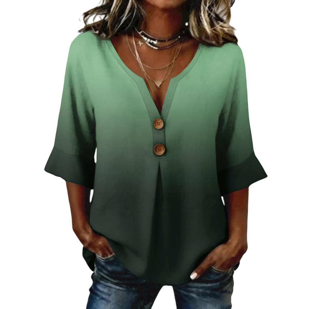 Ladies' gradient printed button casual V-neck fashionable seven quarter sleeve top