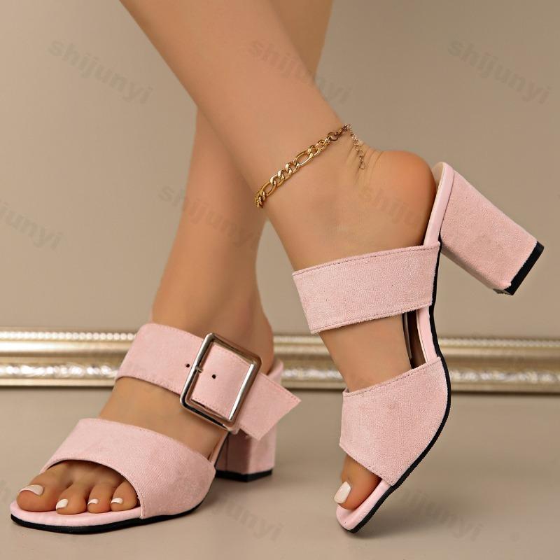 Fashion Solid Color Buckle Strap High-heeled Sandals for Women Summer 2025 Thick Heel Open Toes Breathable Comfortable Fashion Slippers