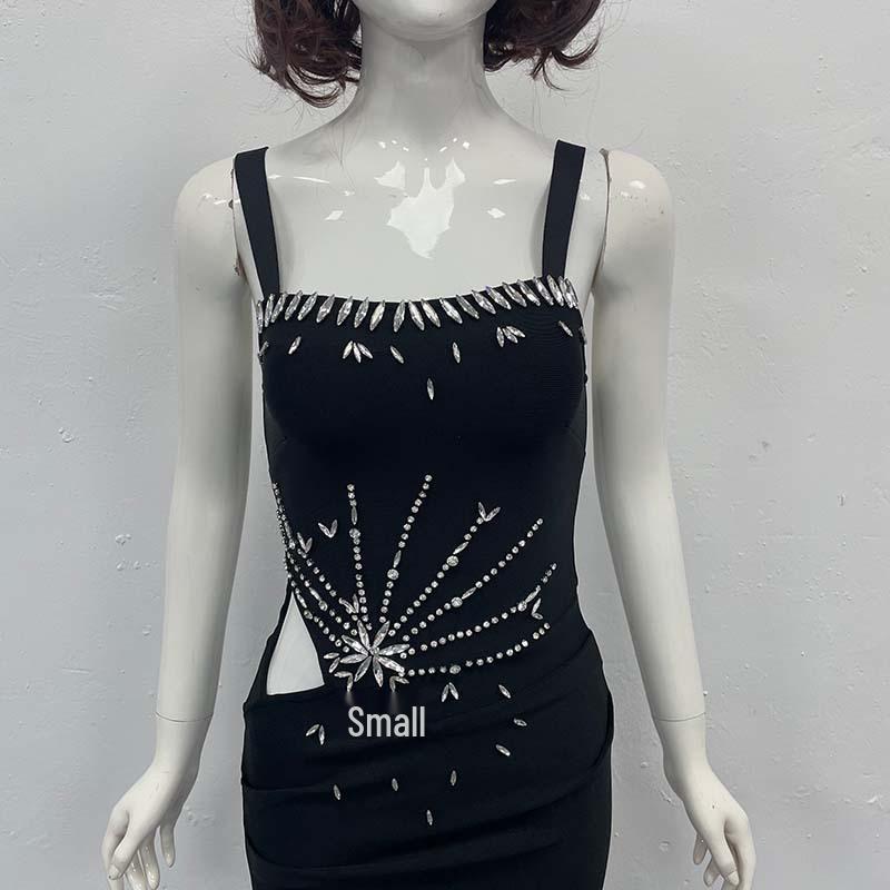 Elegant Rhinestone Slim Fit Evening Dress - European & American Style