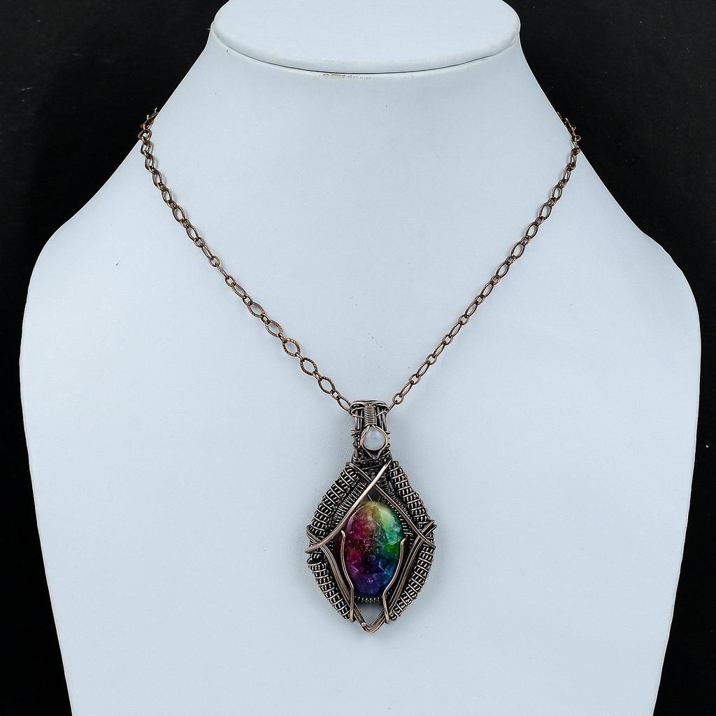 Rainbow Solar Quartz Druzy Copper Wire Wrapped Jewelry Rainbow Moonstone Pendant Copper Gemstone Pendant Handmade Wire Jewelry Gift For Him