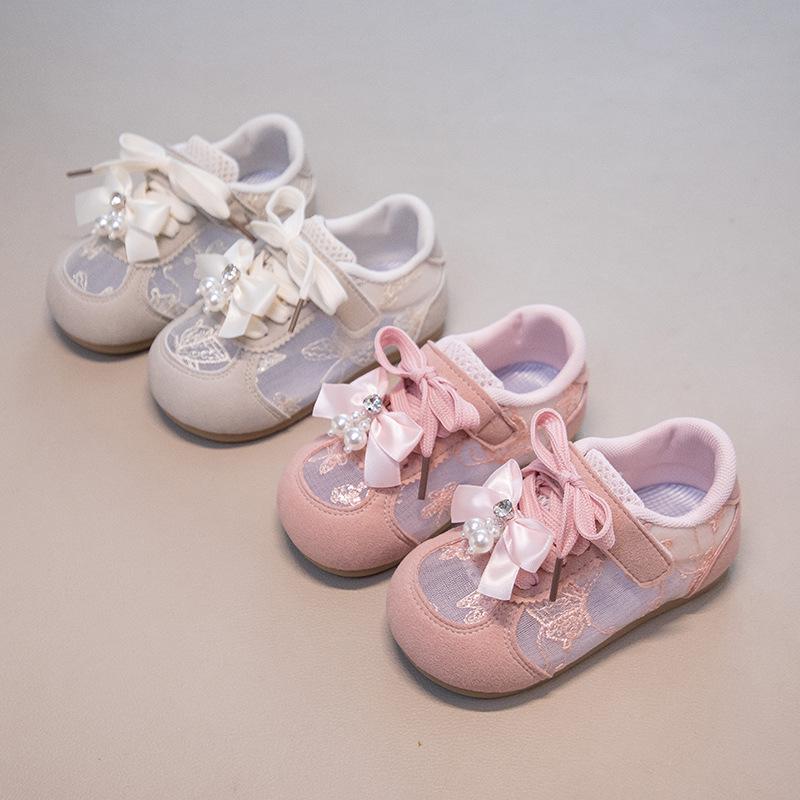2026 Trendy Spring/Summer Baby Girls' Bow Sports Shoes - Breathable, Embroidered, Soft Sole, Casual Pearl Board Shoes