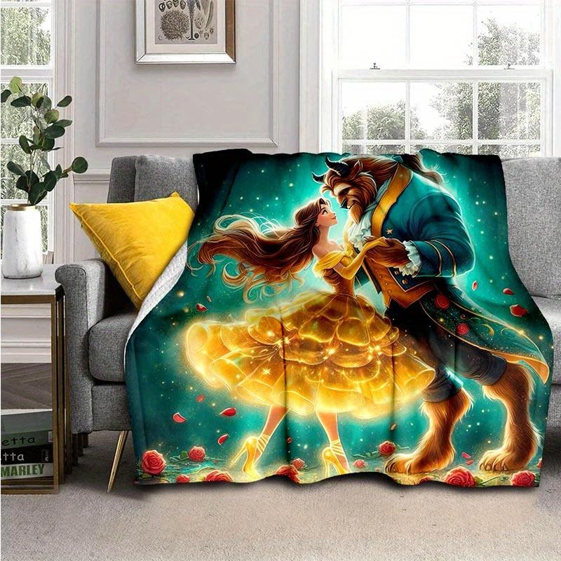 1pc Disney Beauty and The Beast Printing Flannel Blanket for All Season, Unisex Cartoon Blanket, Home Blankets, Lunch Rest Blanket 130cmx150cm