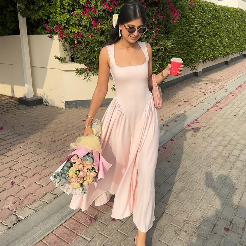 

Камисольное платье А-силуэта с квадратным вырезом Женское приталенное винтажное платье Летнее однотонное сексуальное милое белое платье L розовый