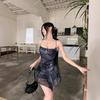 Women's Summer Sexy Mini Dress Abstract Print Spaghetti Strap Crisscross Backless Irregular Hem Slim Fit Club Party Dress