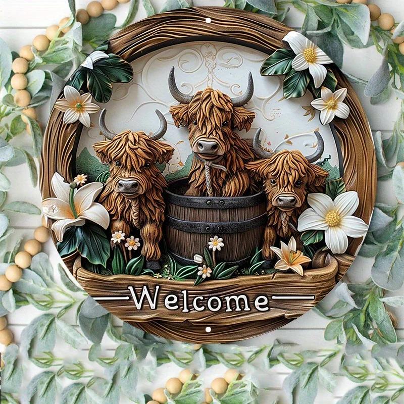 Attractive Highland Cow and Lily 8x8 Inch Aluminum Signage UV and Scratch Resistant, Easy To Hang Inside and Outside Decoration